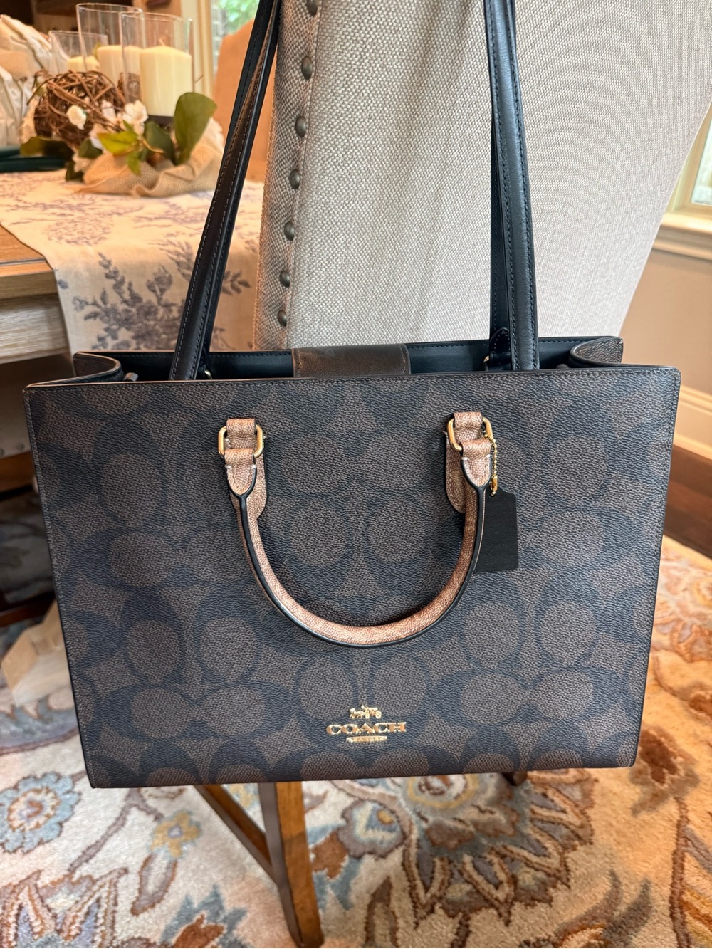 Coach Brown Signature Canvas Tote with Black Straps